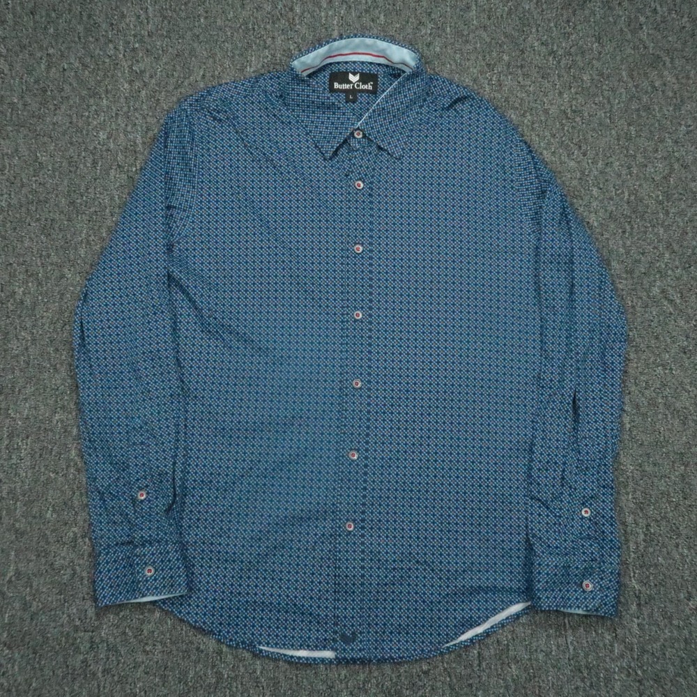 Buttercloth Shirt Mens Large Blue Abstract Geo Long Sleeve‎ Button Up